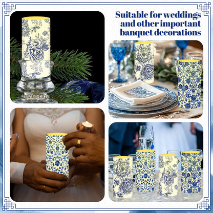 Tiamon 4 Pcs Chinoiserie Flameless Pillar Candles LED Blue and White Porcelain Candles Set Battery Operated Warm Light Flickering Chinoiserie Decor for Wedding Home Table Party Decoration