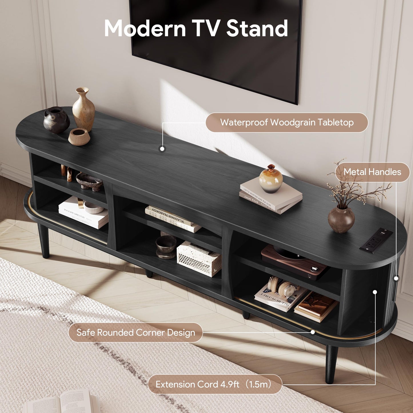 Decofy Mid Century TV Stand for TVs up to 80 Inches, Entertainment Center with Storage, Power Outlet, Fluted Sliding Doors & Adjustable Shelves, Modern Media TV Console Table for Living Room (Black)