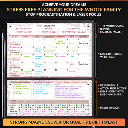 Magnetic Whiteboard for Fridge - Large Dry Erase Calendar for Wall | 3 Magnetic Dry Erase Board 10.5" x 16.5" & 7" x 16.5", Monthly Goal Setting & Habit Tracker, 5 Markers and 6 Adhesive Hooks