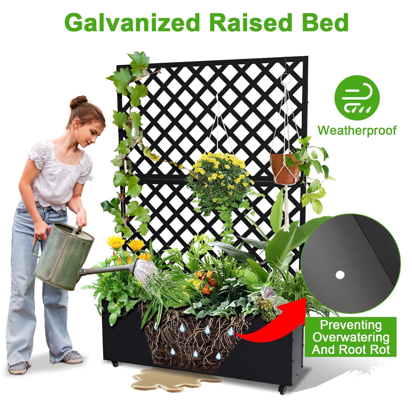 GarveeLife Metal Planter Box with Trellis, 73"x47"x12" Raised Garden Bed with Privacy Screen, Galvanized Steel Outdoor Planter Box with Drainage Holes for Climbing Plants Flowers Vegetables, Black