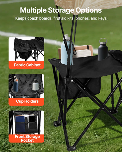 VEVOR Portable Folding Bench, 6 Seat Soccer Bench with Storage Pockets Cup Holders & Carrying Bag, Lightweight Sideline Seating with Sunshade for Football, Baseball, Camping, Outdoor Events, Black