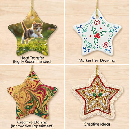 WILLBOND 10 Pcs Sublimation Blank Ceramic Ornament, 3 Inch White Ceramic Ornament Blanks with Gold String, Heat Press Transfer Supplies for DIY Craft Personalized Hanging Decoration(Five Pointed Star)