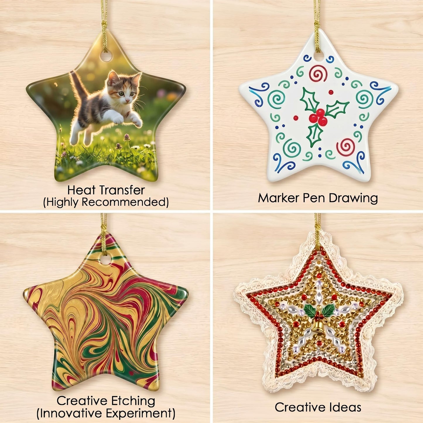 WILLBOND 10 Pcs Sublimation Blank Ceramic Ornament, 3 Inch White Ceramic Ornament Blanks with Gold String, Heat Press Transfer Supplies for DIY Craft Personalized Hanging Decoration(Five Pointed Star)