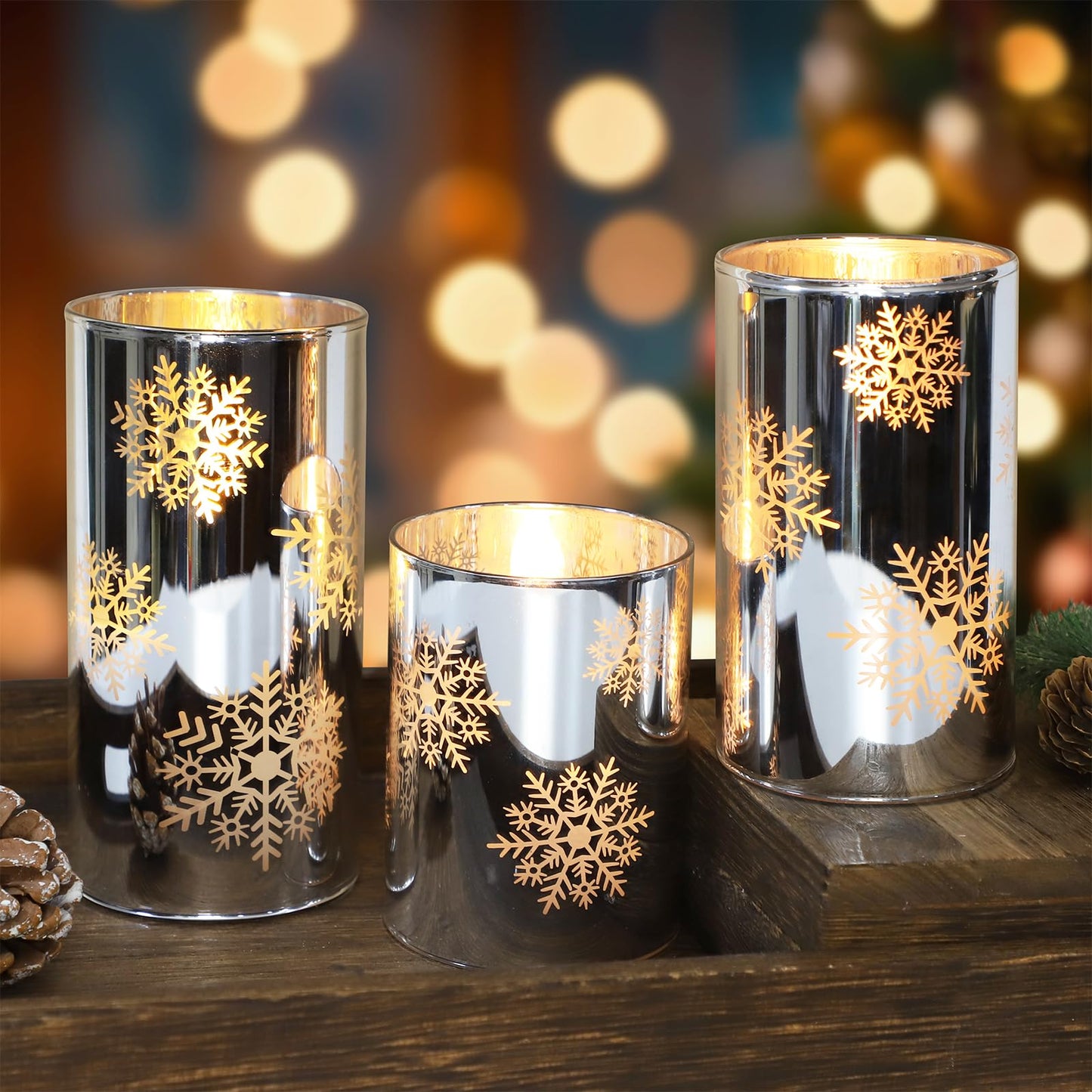 Crystal Club Christmas Flameless Candles with Remote, Set of 3, Snowflake Plating Battery Operated LED Candles, Glass Effect Pillar Candle Flickering with Remote for Home Decor