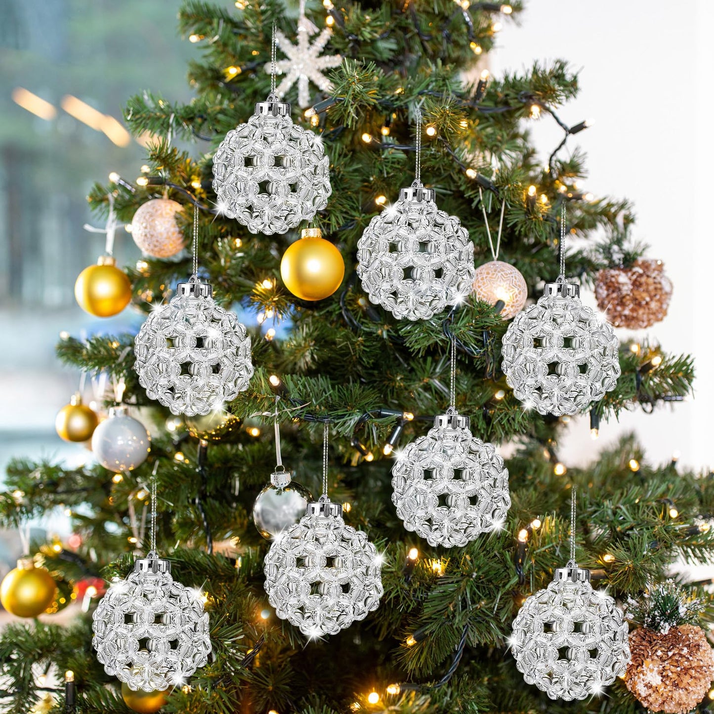 Norme 6 Pcs Beaded Crystal Christmas Balls Ornaments Handmade Ball 3.15 Inch Christmas Tree Decorations Hanging Acrylic Crystal Ornament for Xmas Wedding Party Holiday Decor