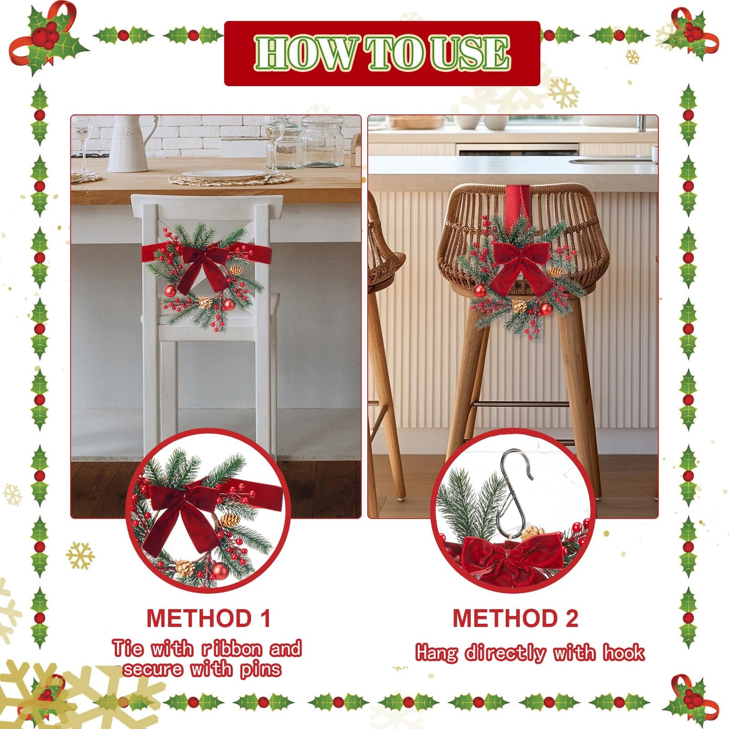 Maysing 6 Pcs 9.8" Small Christmas Wreath with Ribbon Mini Kitchen Cabinet Wreath Christmas Berry Pine Bow Decorations for Xmas Chair Back, Front Door, Window, Wall Farmhouse Decor(Red,Classic)