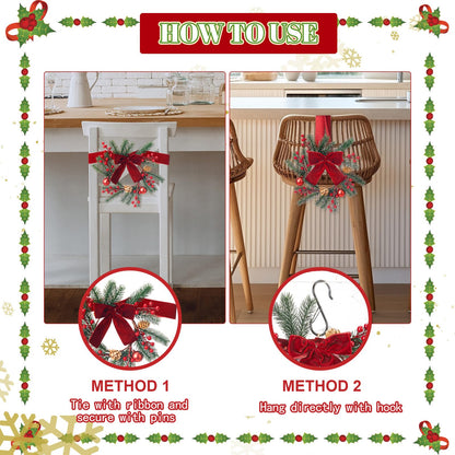 Maysing 6 Pcs 9.8" Small Christmas Wreath with Ribbon Mini Kitchen Cabinet Wreath Christmas Berry Pine Bow Decorations for Xmas Chair Back, Front Door, Window, Wall Farmhouse Decor(Red,Classic)