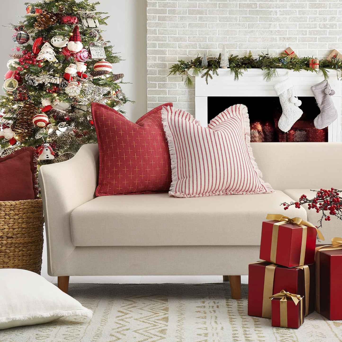 ZWJD Christmas Pillow Covers 24x24 Set of 2 Soft Polyester Textured Red Pillows with Stylish Flange Edge Cozy Farmhouse Christmas Decor for Couch Bed Sofa Living Room (Red)