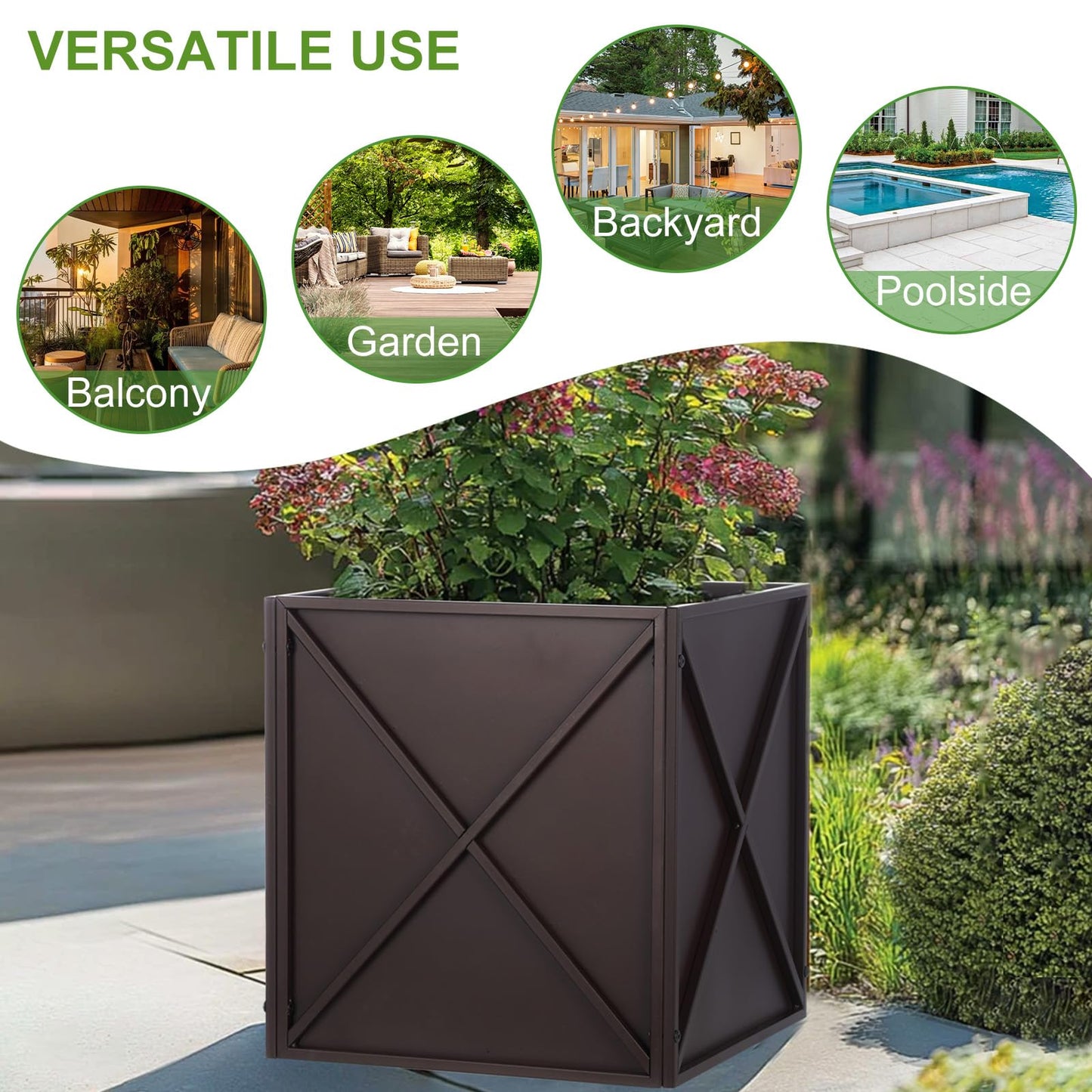 BAYN Metal Square Planter Box Tall Planters for Outdoor Plants Modern Heavy Duty with Drainage Holes for Outside Indoor Patio Deck - Brown, 17”x 17”x 18”