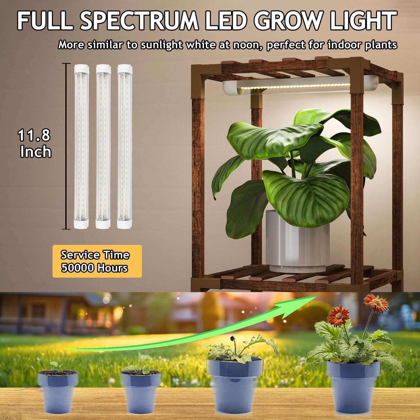 HOMKIRT Plant Stand with Grow Light, Lighted Plant Shelf Indoor for Multiple Plants, Wood Tall Plant Rack with Grow Lights Flower Stand for Corner, Living Room, Patio, Garden