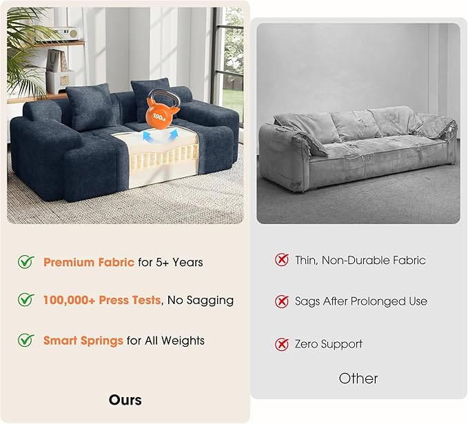 83.5" Boneless Loveseat with 2 Ottoman, Cloud Comfy Sofa Bed, Modular Sofa