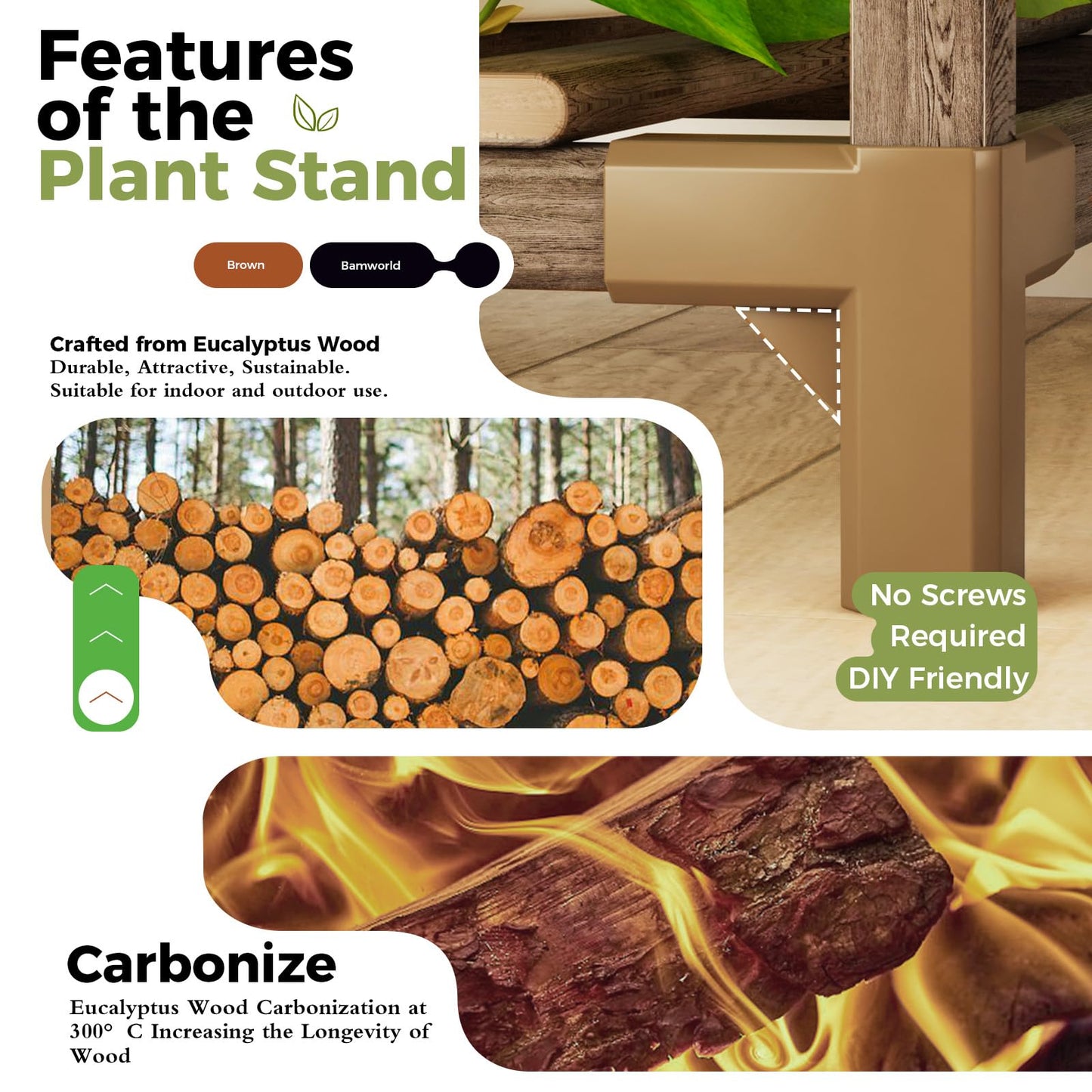 Bamworld Plant Stands with Grow Lights Indoor 4 Sets Plant Shelves Outdoor Wooden Plant Holder for Multiple Plants Flower Stands for Living Room Balcony Garden Patio Lawn Window