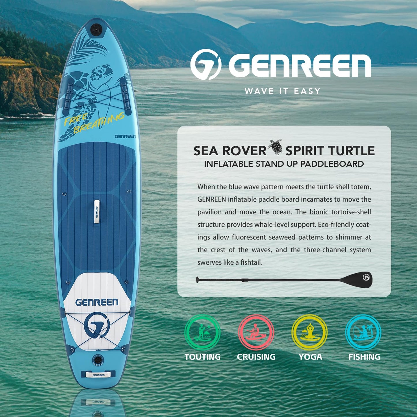 GENREEN Inflatable Stand-Up Paddle Boards - 11' x 32" Extra Wide Inflatable Paddle Board with SUP Accessories, Camera Bracket, Turtle Pattern, Basic All-Around SUP Board for All Skill Levels(Kempii)