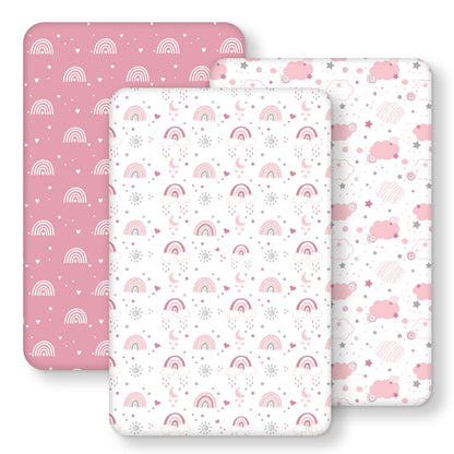 FIEMOL Next to Me Crib Sheets 85x51cm Fitted, 3 Pack Baby Cot Sheets, Ultra Soft & Silky Smooth Microfiber Bedside Crib Fitted Sheets Pink Rainbow