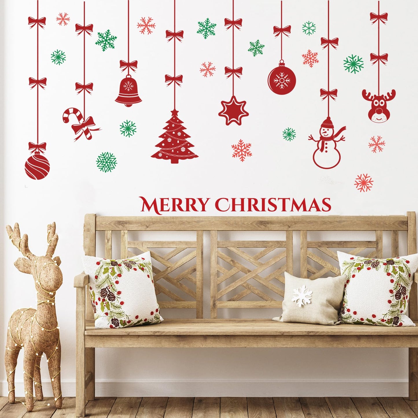 Merry Christmas Wall Decals for Bedroom-Hanging Xmas Tree Snowflake Wall Stickers for Living Room Window Door Decor-Removable Art Mural for Kids Baby Gift Nursery Decor Supplies (Red)
