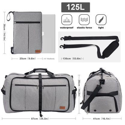 Upeelife Travel Duffle Bag, Foldable 125L Holdall Bags Large Weekend Overnight Bag Waterproof Duffel Bag with Shoe Compartment and Wet Pocket, Sports Gym Bag for Men Women (Grey)