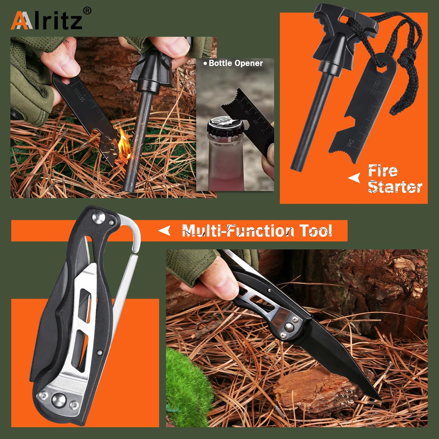 Alritz Emergency Survival Kit, for Men 12 in-1 Outdoor Survival Gear Lifesaving Tools Contains Compass, Fire Starter,for Camping Hiking Wilderness Adventures Disaster Preparedness