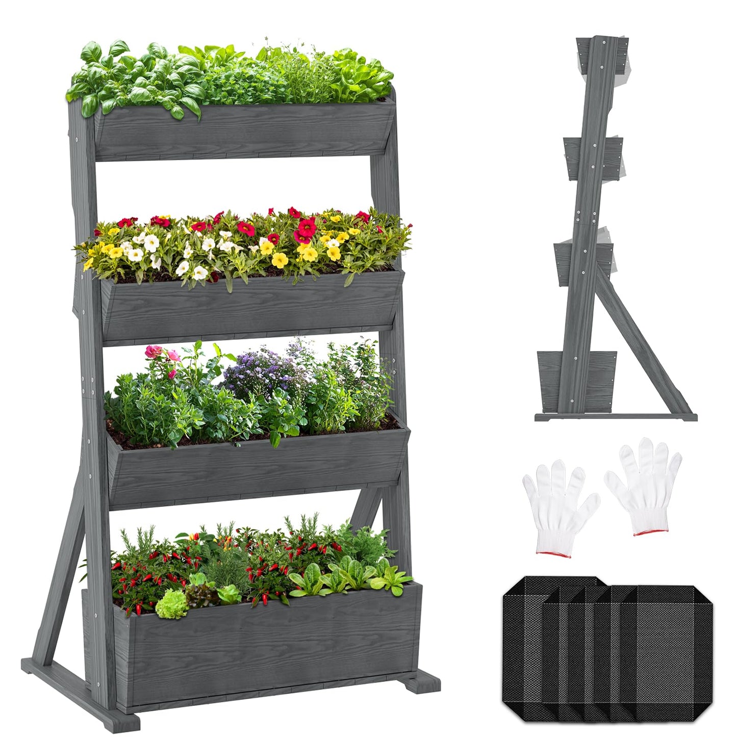 UrGROWA Wooden Vertical Raised Garden Bed, 4 Tier Garden Planters Raised Beds Freestanding Plant Stand Flower Rack Wooden Planter Box for Plants Herbs Flowers Vegetables Outdoor Indoor Gardening