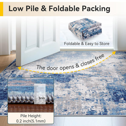 RELEANY Washable Area Rugs 5'x7' Non-Slip Modern Abstract Soft for Living Room Entryway Bedroom Nursery, Print Pattern, Blue Grey Navy Gray