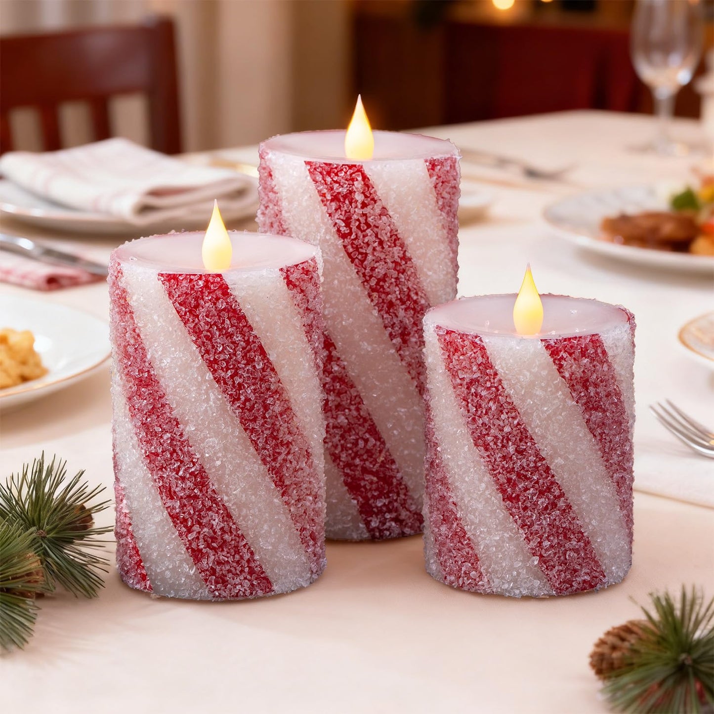 3 Pcs Christmas Candy Cane Stripe Flameless Candles, Real Wax Red &White Glitter Striped LED Pillar Candles with Battery Operated Flickering Flame for Xmas Party, Wedding, Home Decoration D3 x H4"5"6"