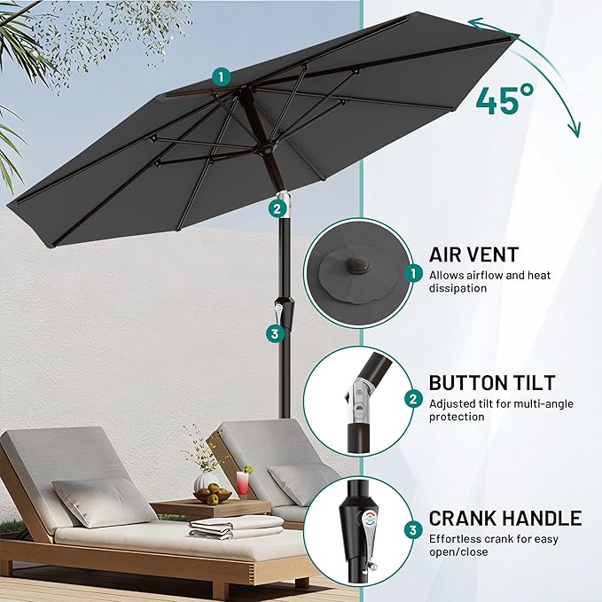 AreShark 9 FT Patio Umbrella for Outdoor, Outdoor Table Umbrella with Push Button Tilt and Crank, Outdoor Patio Umbrellas with 8 Sturdy Ribs for Market, Garden, Pool (Gray)