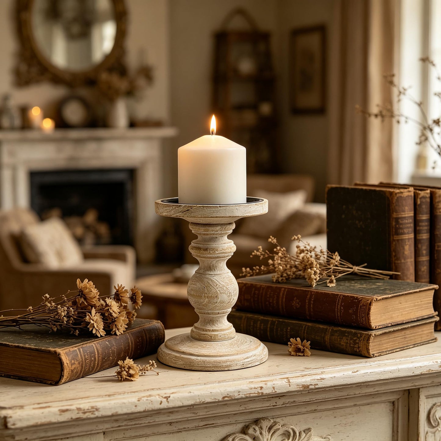 Hosley Antique White Wooden Pillar Candle Holder Country Style 7 Inch High Ideal Gift for Wedding Party Special Occasion or as a Candle Holder W1