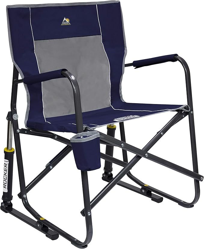 GCI Outdoor Freestyle Rocker Camping Chair | Portable Folding Rocking Chair with Solid, Durable Armrests, Drink Holder & Comfortable Backrest — Indigo Blue