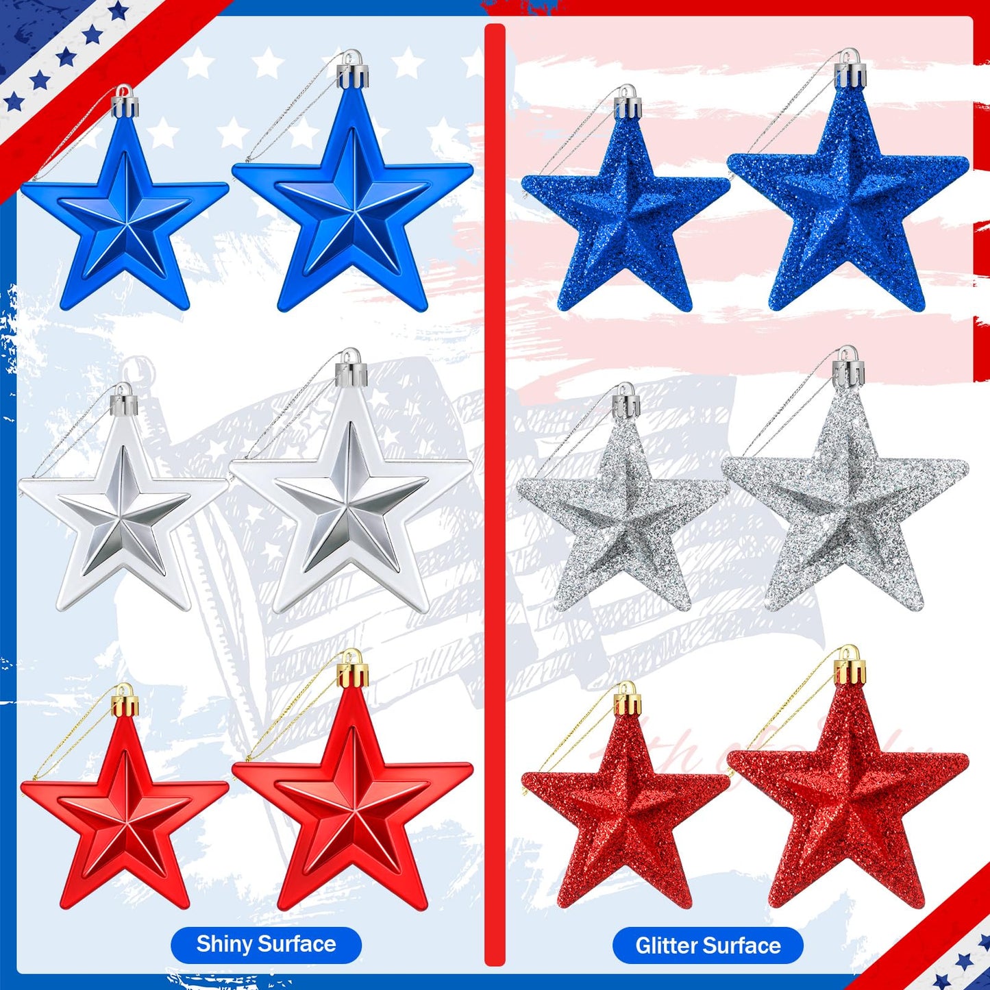 60 Pcs Patriotic Star Hanging Ornament 4th of July Tree Decor Red Blue Silver Star Ornament for Tree 4th of July Independence Pendant for 250th Anniversary Patriotic Veteran Decor