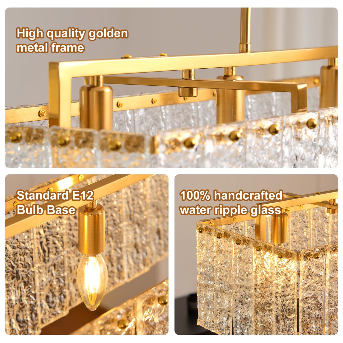 HSMKL Modern Rectangular Crystal Chandelier for Dining Room Gold Rectangle Water Ripple Glass Pendant Ceiling Light 5-Lights Hanging Light Fixture for Living Room Kitchen Island L39" x W11.8" x H11"
