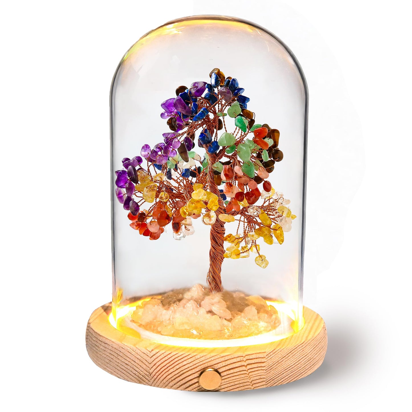 JLDTOP 7 Chakra Crystal Tree LED Night Light Glass Dome Healing Desk Decor