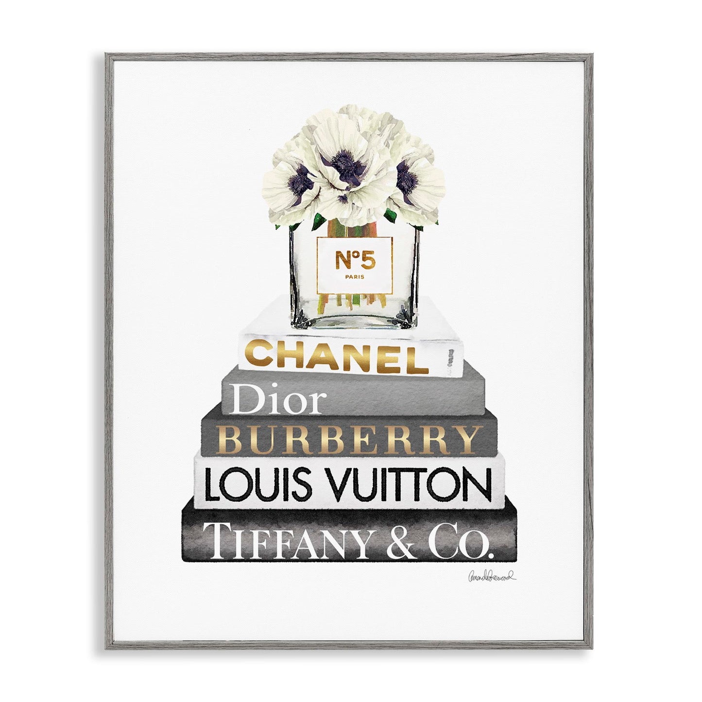 Stupell Industries Blooming White Floral Display on Glam Designer Bookstack Wall Art, 11 x 14, Black Framed