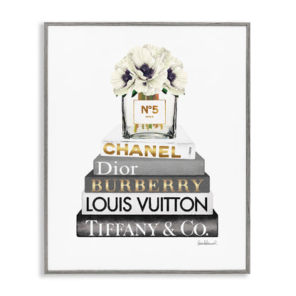 Stupell Industries Blooming White Floral Display on Glam Designer Bookstack Wall Art, 11 x 14, Black Framed