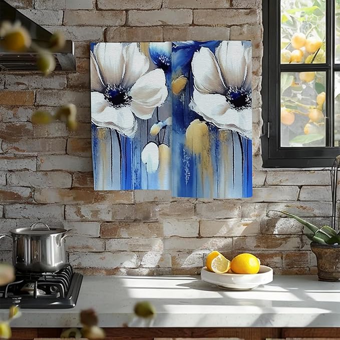 Watercolor White Blue Flowers Hand Towel Set of 2, Abstract Oil Painting Floral