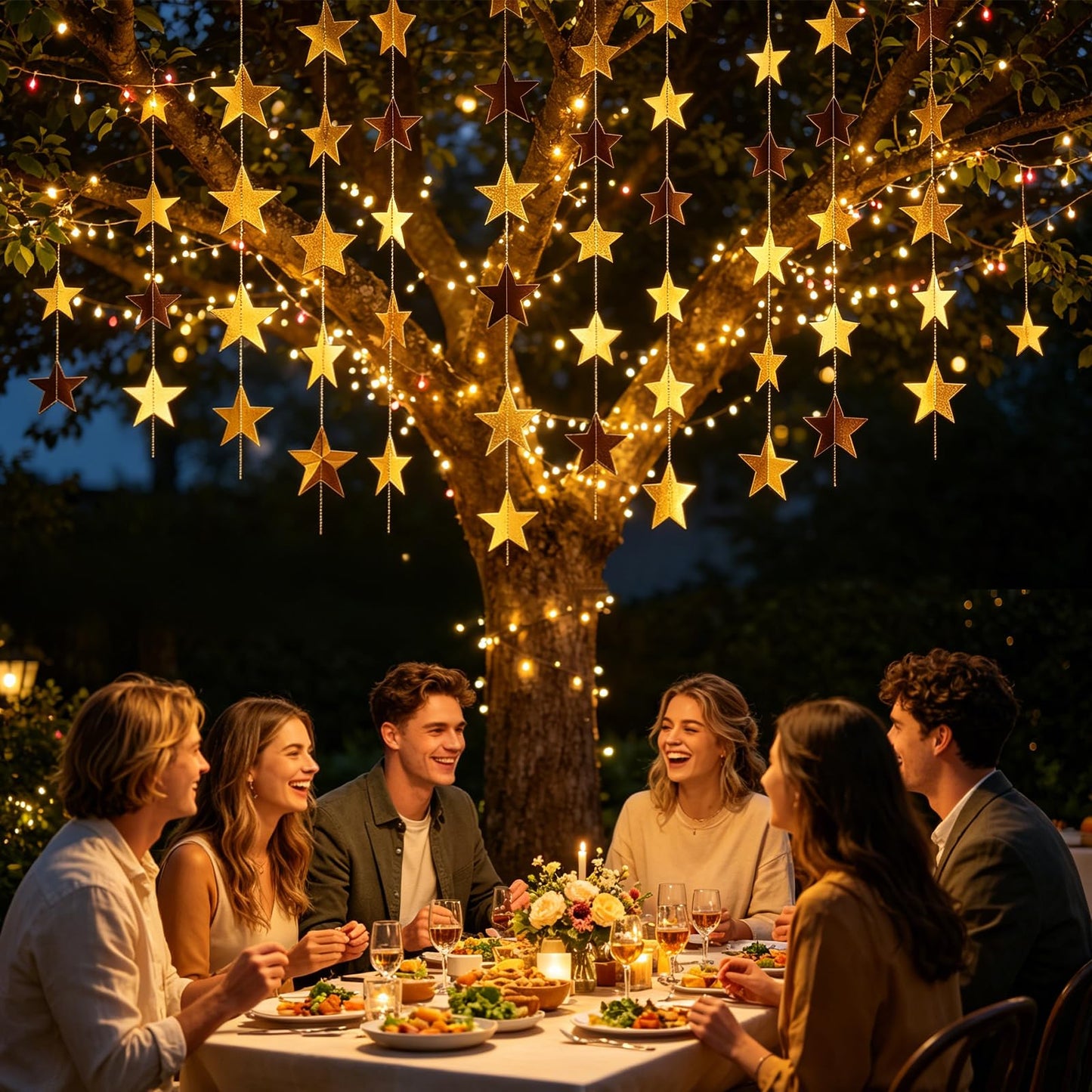 10 Pack Gold Star Garland 130FT Hanging Star Decorations, Double Sided Glitter Star Banner Streamers, Paper Star Garland for Party Wedding Birthday Graduation Ceiling Wall Decor