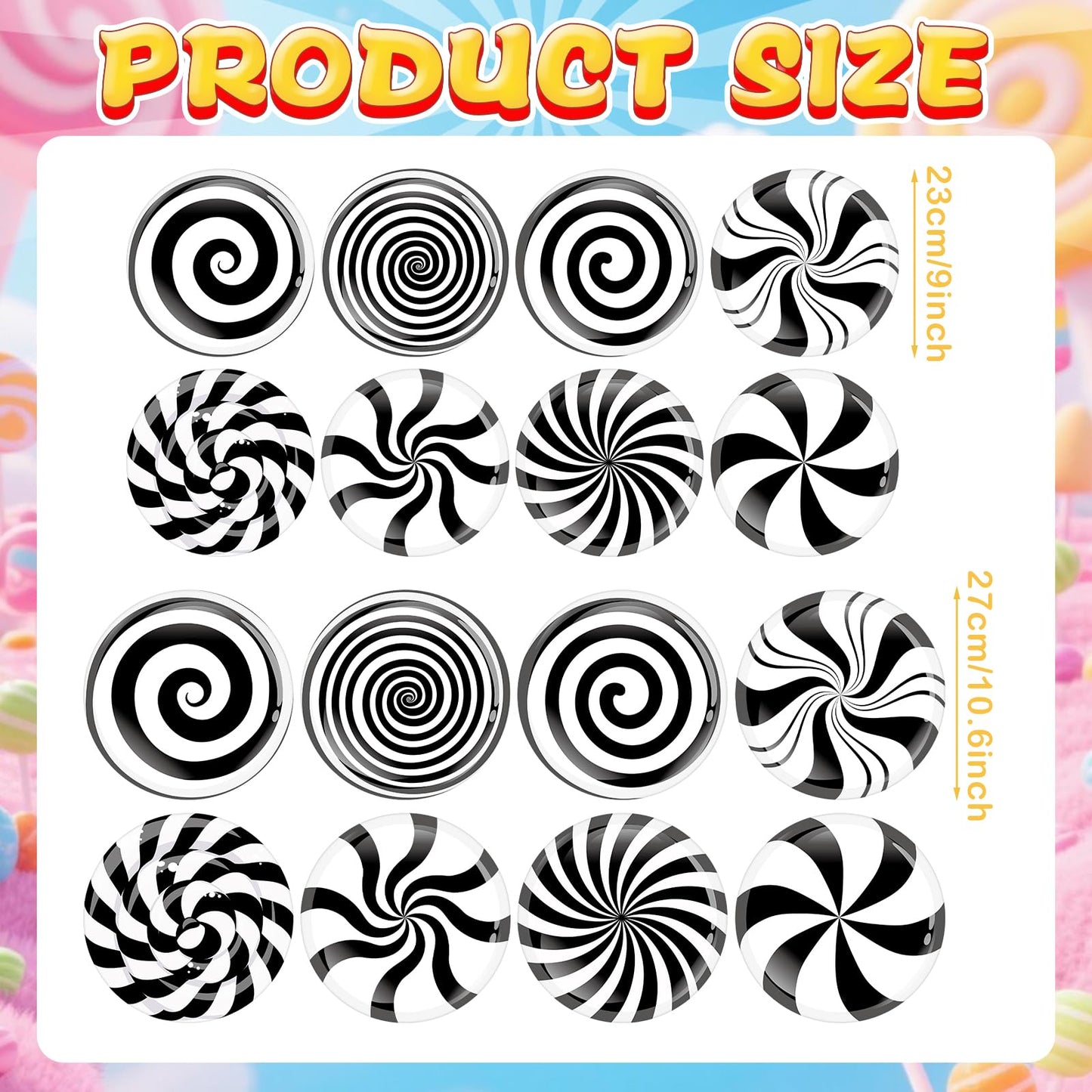 YooNotee 16 Pcs Large Peppermint Christmas Floor Decals Removable Pastel Candy Christmas Floor Stickers Xmas Wall Decals for Home Counters Party Decorations (Black and White,Classic)
