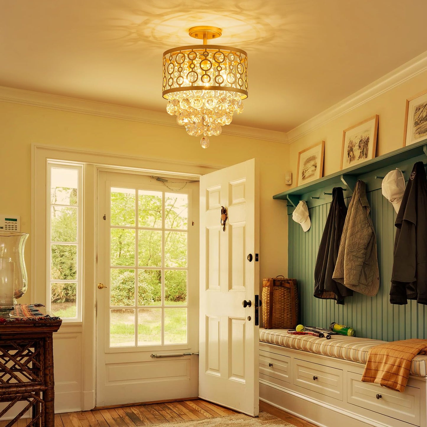 WUZUPS Crystal Drum Chandelier Flushmount Ceiling Light Modern Lighting Fixture for Entry Hallway Kitchen Bathroom Bedroom, H 16.3'' x W 13'', E12 Base, Gold