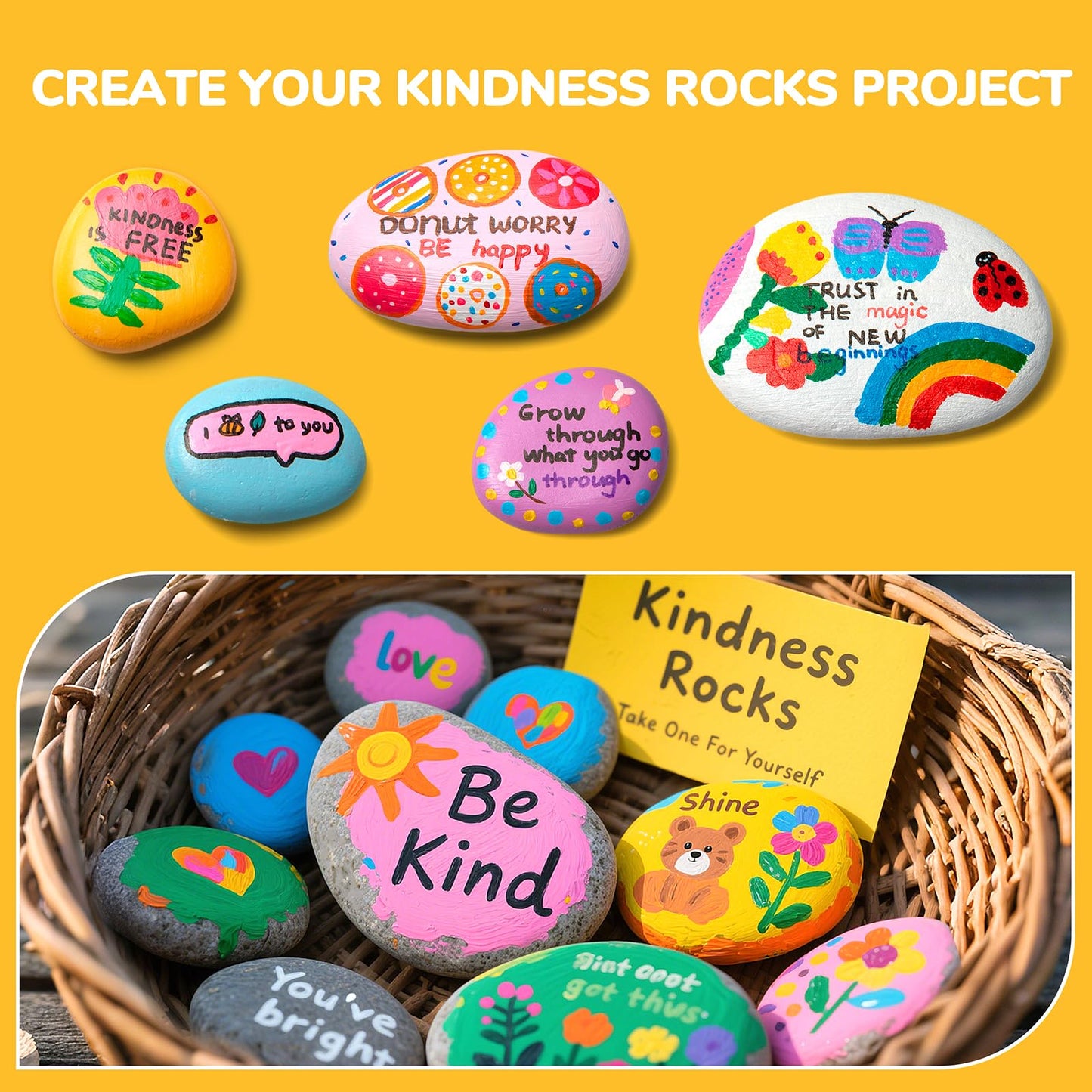 Simetufy 15pcs Rocks for Painting, 5pcs of Each 2-3in, 3-4in, 4-5in, Flat & Smooth River Rocks for Arts & DIY, Kindness Painting Stones for Kids, Garden Deco