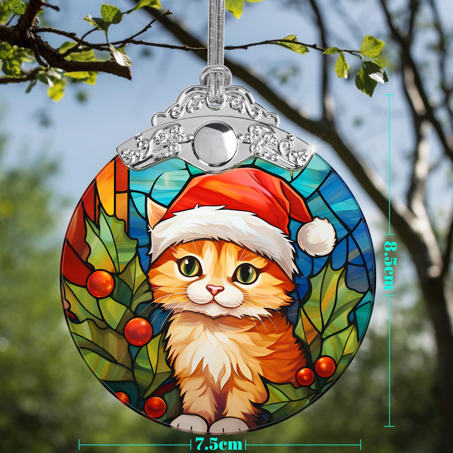 Cat Christmas Ornament, Jocidea Stained Glass Ornaments for Christmas Tree, Christmas Tree Decorations, Cat Lovers Gifts, Holiday Decor and Xmas Gifts Ideas