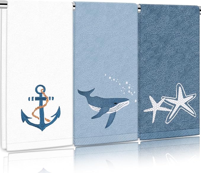 3Pcs Nautical Hand Towels Cotton Embroidered Bathroom Towels Anchor Starfish