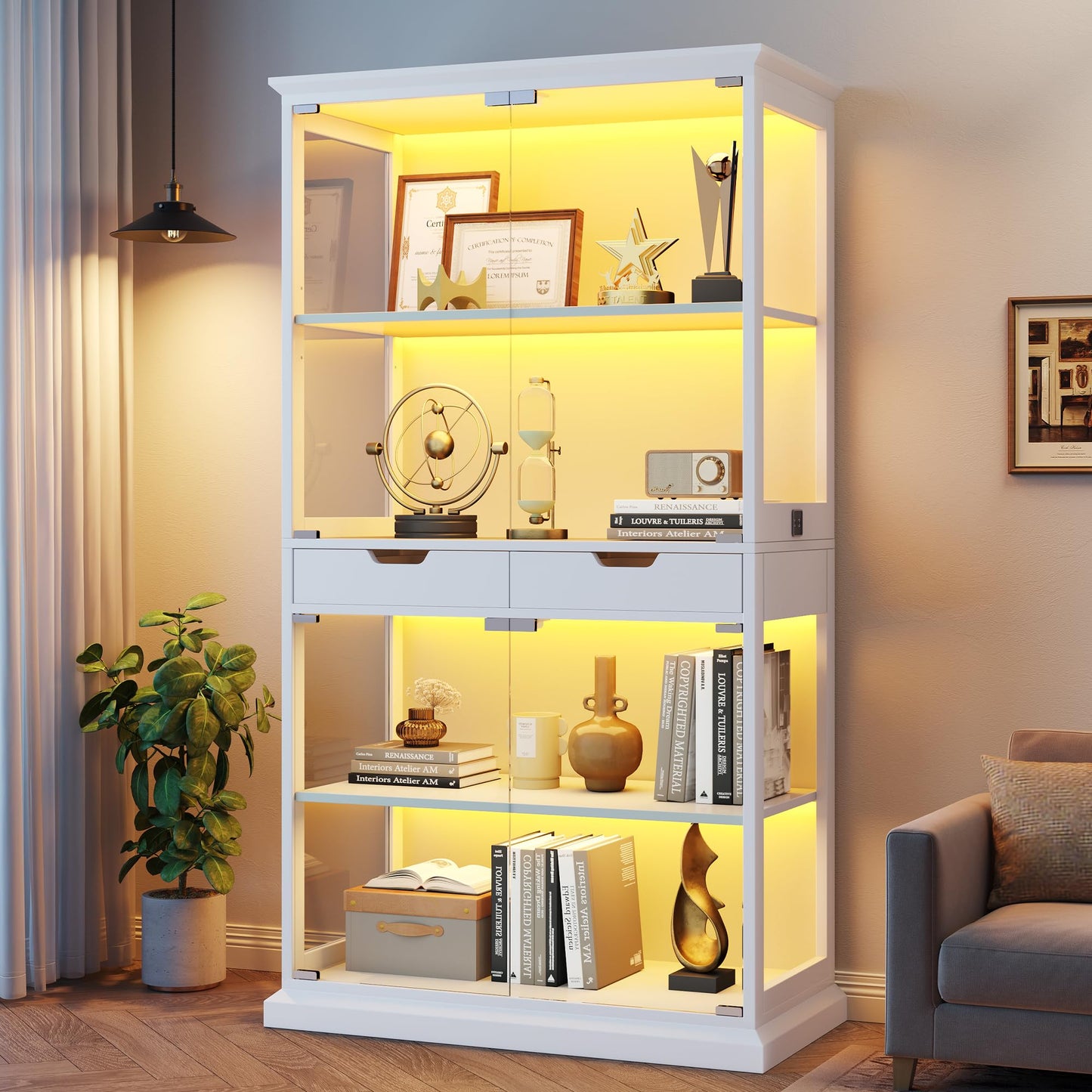 Jocoevol Display Cabinet with Glass Doors, 4-Tier Curio Cabinet with with 2 Drawers for Collectibles, Modern Glass Display Case Human Body Sensor & RGB Lights for Living/Game Room (White)