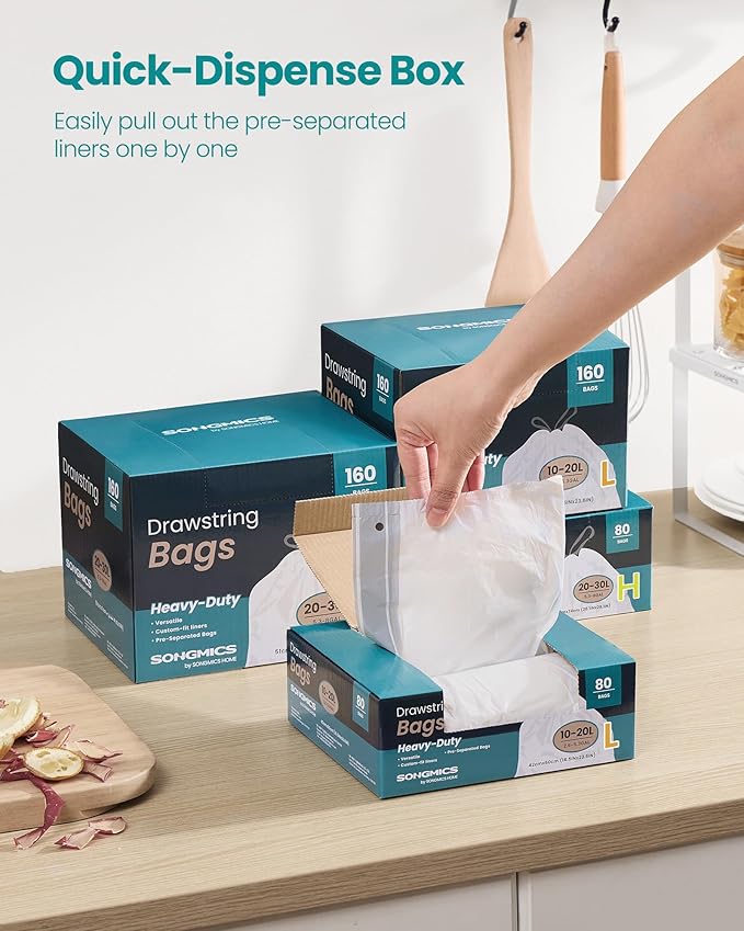 SONGMICS Trash Bags for 5.3 Gallon Trash Cans, Drawstring Kitchen Garbage Bags