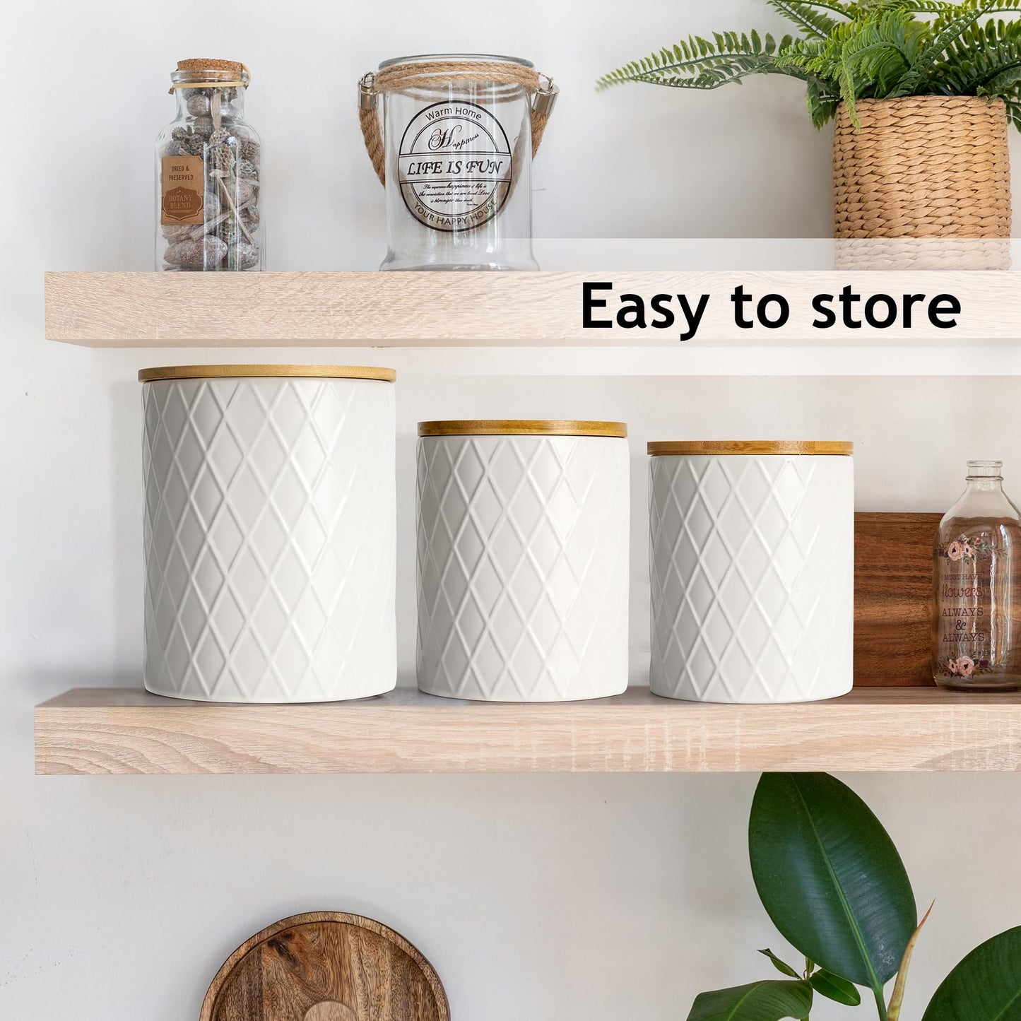MIAMIO – Set of 3 Canister Sets for Kitchen Counter, Ceramic Kitchen Canister Set with Airtight Seal Wooden Lid - Perfect for Coffee, Tea, Sugar, Flour, Tea, Salt and More