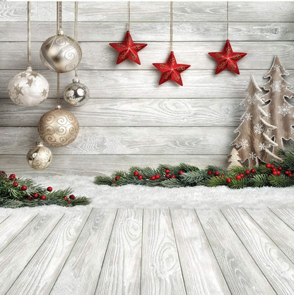 Dudaacvt 8X8ft Christmas Backdrop White Wood Floor with Snowflake Backdrop Christmas Tree Gifts Background for Family Gathering