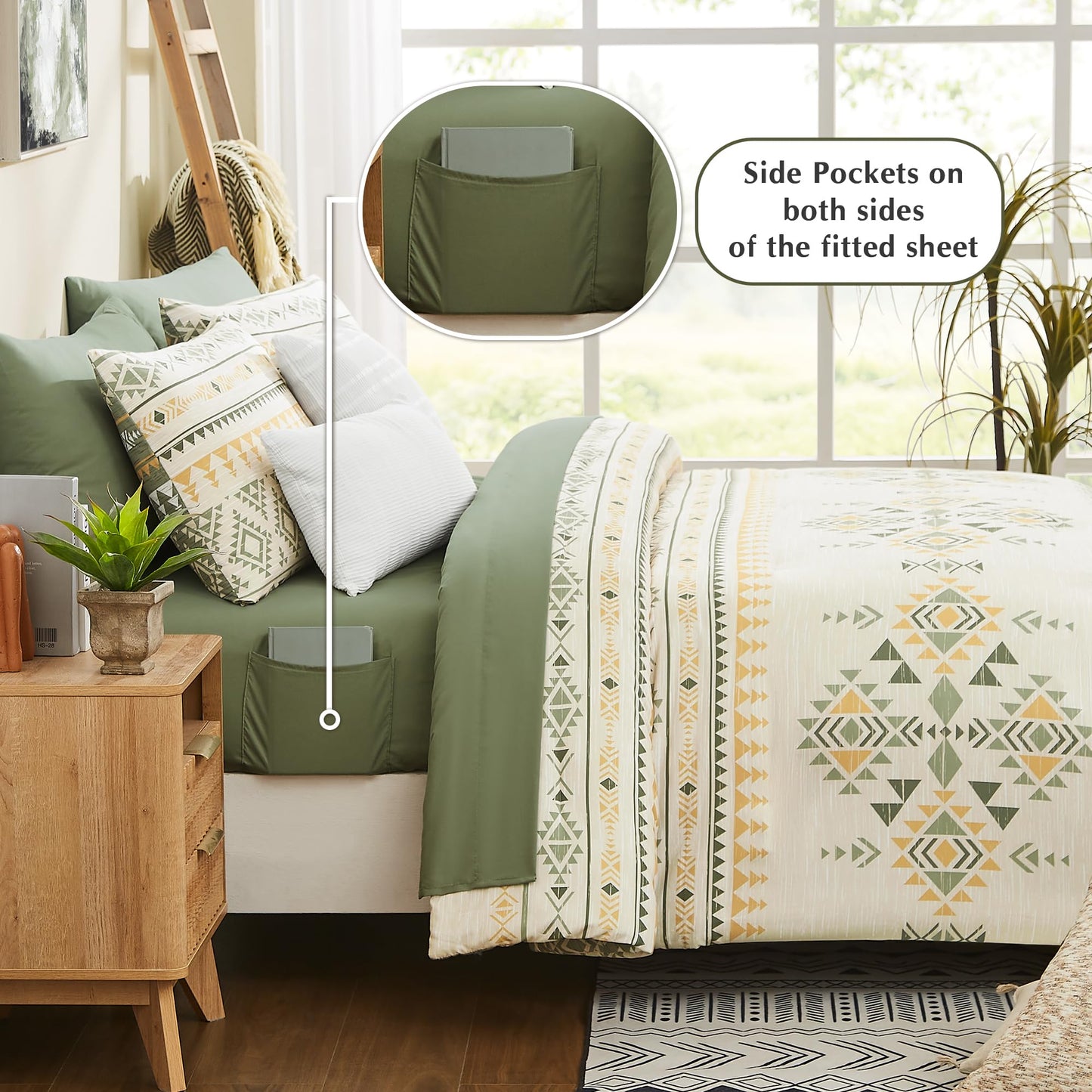 Geniospin Queen Comforter Set - 7 Pieces Reversible Bedding Set, Boho Bed in A Bag, Lightweight Soft Aztec Bedding, All Season Bed Comforter Set with Sheets, Pillowcases & Shams