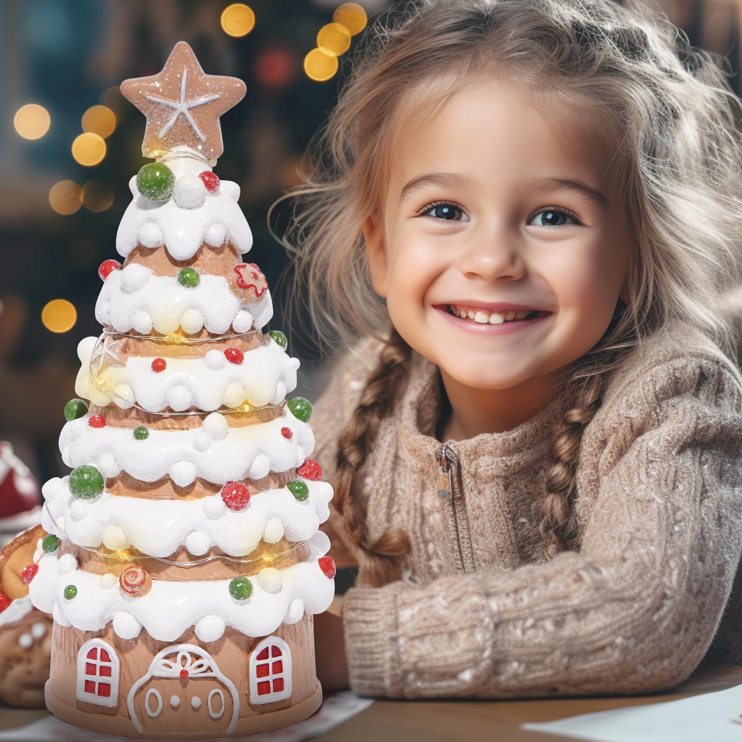 Hodao Christmas Village House Decorations Gingerbread House with Xmas Tree Theme, Battery-Powered (2 AAA) 8.6" H Resin Christmas Tree Decor for Indoor Festive Home or Party (Tree-1)