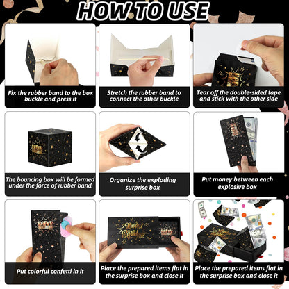 WenmthG Happy Birthday Surprise Gift Box Explosion for Money - DIY Pop Out Folding Bounce Explosion Gift Box with Confetti - Birthday Money Bank - Cash Gift Idea for Women Men Kids (Black Gold)
