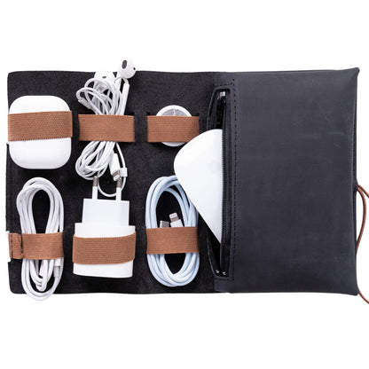 HARDISTON Genuine Leather Electronic Cable Organizer Bag Handmade Travel Cord Organizer Roll Case for Hard Drives, Cables, Charger, Phone, USB, SD Card (Medium - Black)