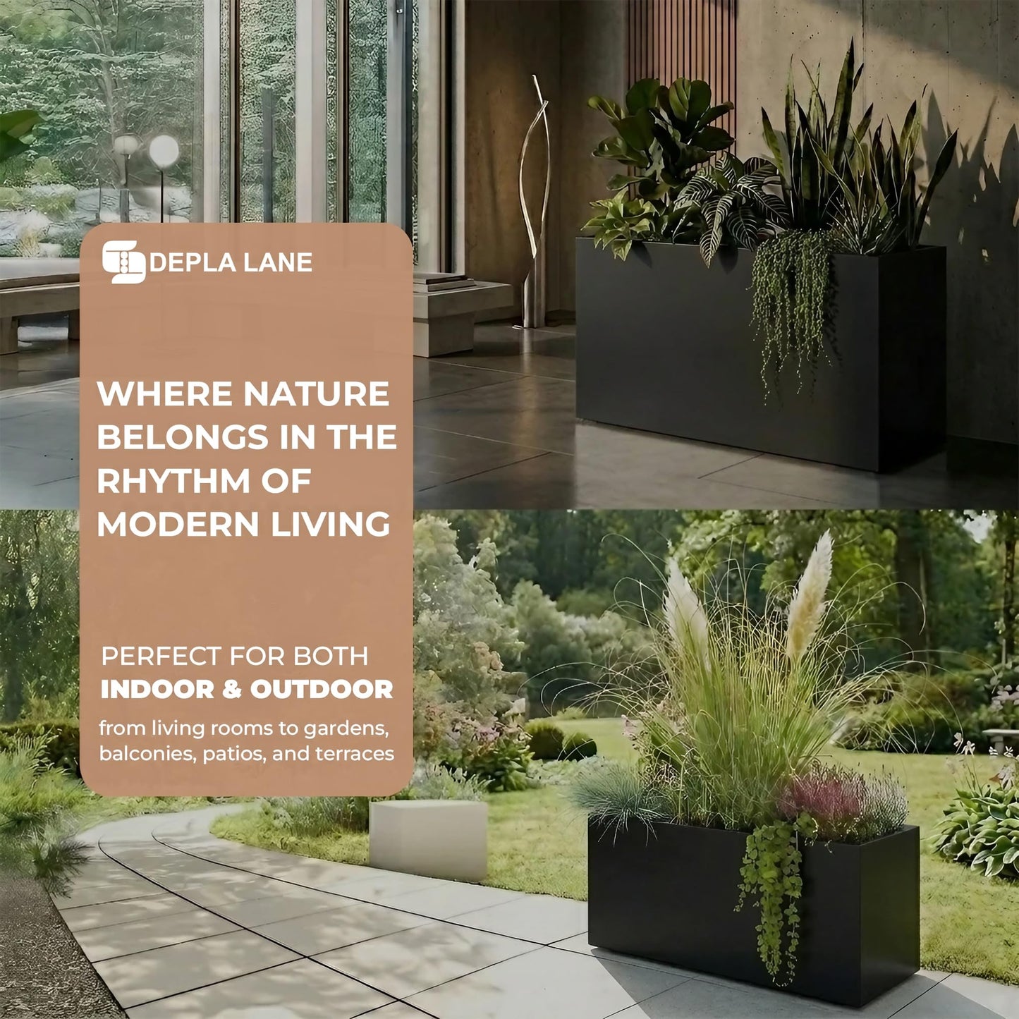 DEPLA LANE Trevano Fiberstone Rectangular Planter (26" L x 9.8" W x 15.7" H) Smooth Finish, Removable Inner Pots, Lightweight, Durable, UV Resistant, Minimalist Indoor Outdoor Plant Pot (M, Black)