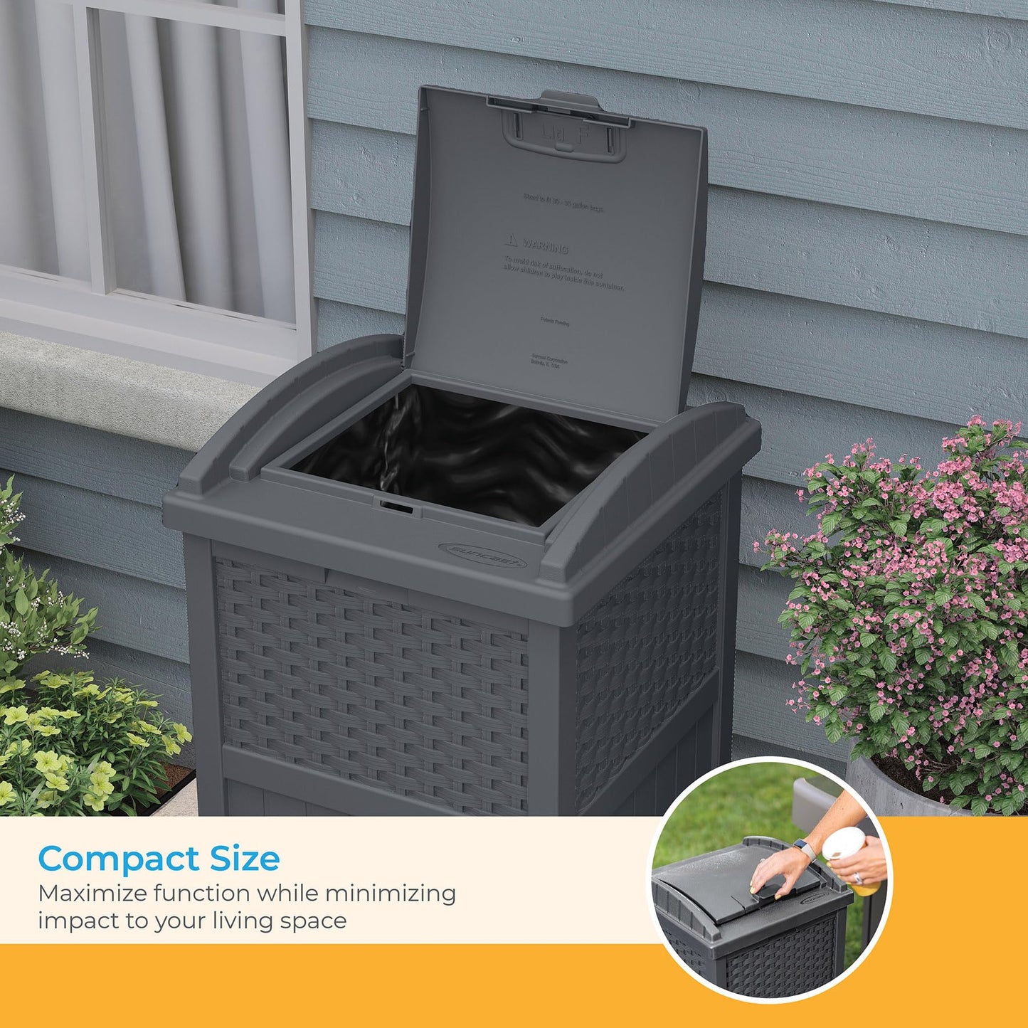 Suncast 33 Gallon Wicker-Style Hideaway Trash Can with Secure Latching Lid and Weather-Resistant Construction for Patio, Cyberspace Grey, Made in the USA