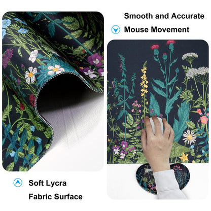 Keyboard Wrist Rest + Mouse Pad with Wrist Support + Desk Mat + Coaster 4 in 1 Set, XXL Large Gaming Mousepad Cute Ergonomic Mouse Pads for Desk Computer Laptop Office Decor-Little Flowers